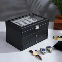Cargar imagen en el visor de la galería, Caja estuche organizador Cuero sintético Negro , 3 niveles ,12 relojes,6 gafas y accesorios
