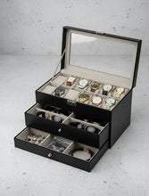 Cargar imagen en el visor de la galería, Caja estuche organizador Cuero sintético Negro , 3 niveles ,12 relojes,6 gafas y accesorios