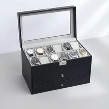 Cargar imagen en el visor de la galería, Caja estuche organizador Cuero sintético Negro , 3 niveles ,12 relojes,6 gafas y accesorios