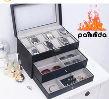 Cargar imagen en el visor de la galería, Caja En Cuero sintético Negro en 3 niveles ,12 relojes,6 gafas y accesorios