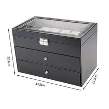 Cargar imagen en el visor de la galería, Caja En Cuero sintético Negro en 3 niveles ,12 relojes,6 gafas y accesorios