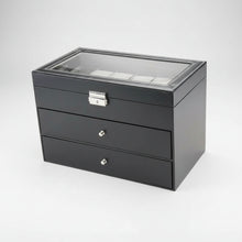 Cargar imagen en el visor de la galería, Caja estuche organizador Cuero sintético Negro , 3 niveles ,12 relojes,6 gafas y accesorios