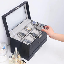Cargar imagen en el visor de la galería, Caja En Cuero sintético Negro en 3 niveles ,12 relojes,6 gafas y accesorios