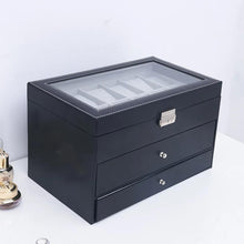Cargar imagen en el visor de la galería, Caja En Cuero sintético Negro en 3 niveles ,12 relojes,6 gafas y accesorios
