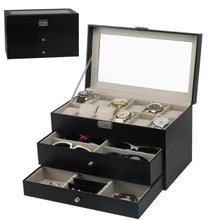 Cargar imagen en el visor de la galería, Caja En Cuero sintético Negro en 3 niveles ,12 relojes,6 gafas y accesorios