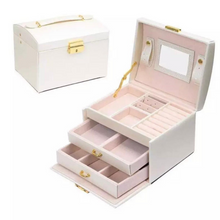 Cargar imagen en el visor de la galería, Joyero De 3 Niveles En Cuero Ecológico Con Llave Y Espejo Negro, Blanco y Pink.