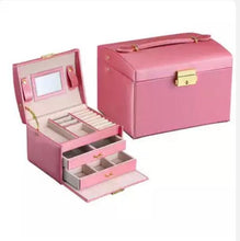 Cargar imagen en el visor de la galería, Joyero De 3 Niveles En Cuero Ecológico Con Llave Y Espejo Negro, Blanco y Pink.