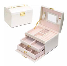 Cargar imagen en el visor de la galería, Joyero De 3 Niveles En Cuero Ecológico Con Llave Y Espejo Negro, Blanco y Pink.