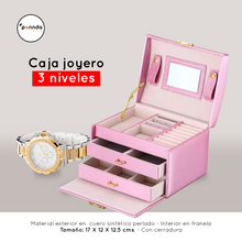 Cargar imagen en el visor de la galería, Joyero De 3 Niveles En Cuero Ecológico Con Llave Y Espejo Negro, Blanco y Pink.