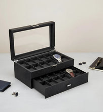 Cargar imagen en el visor de la galería, Caja En Cuero sintetico Negro 2 niveles Para Organizar 24 relojes
